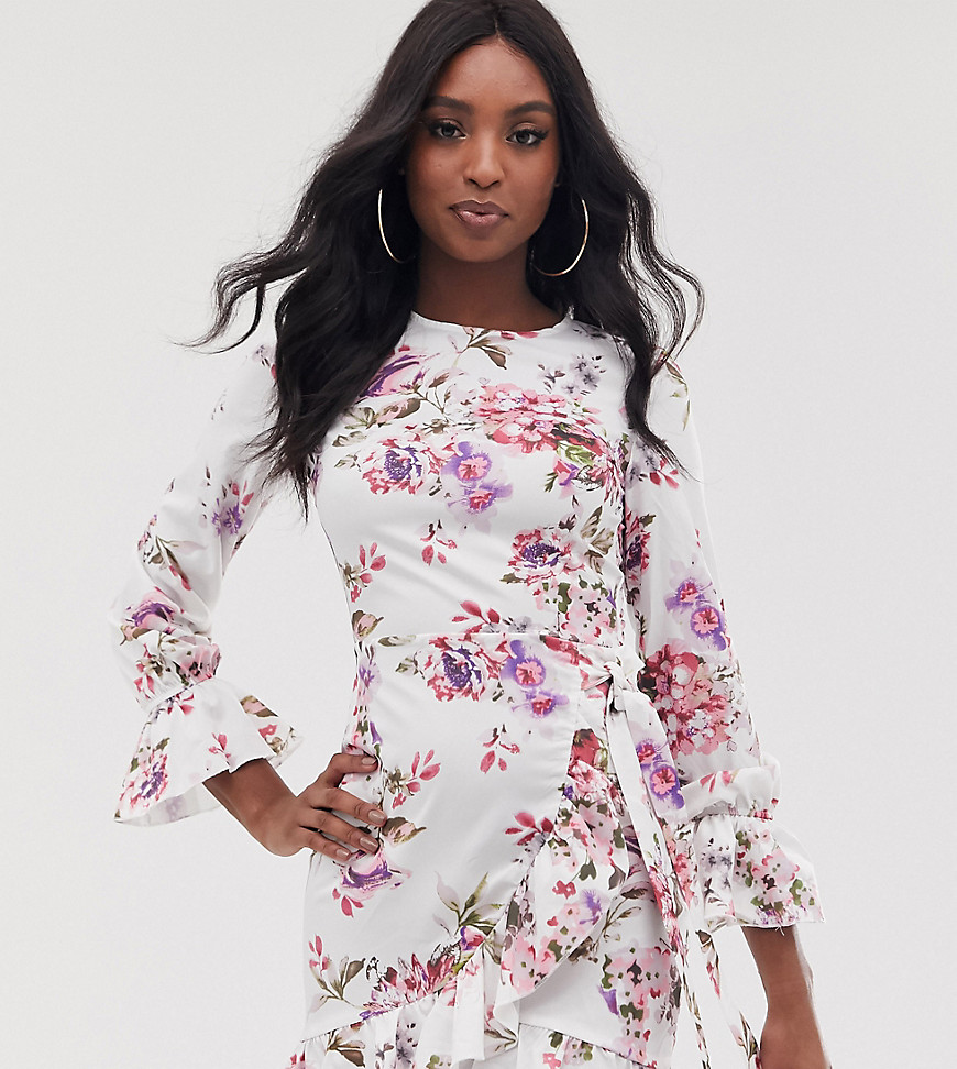 Parisian Tall floral mini dress with fluted sleeve detail