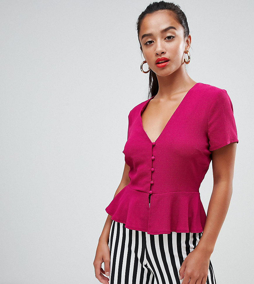 Missguided Petite button front peplum blouse in pink