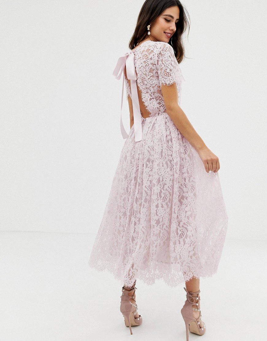ASOS DESIGN lace midi dress with ribbon tie and open back