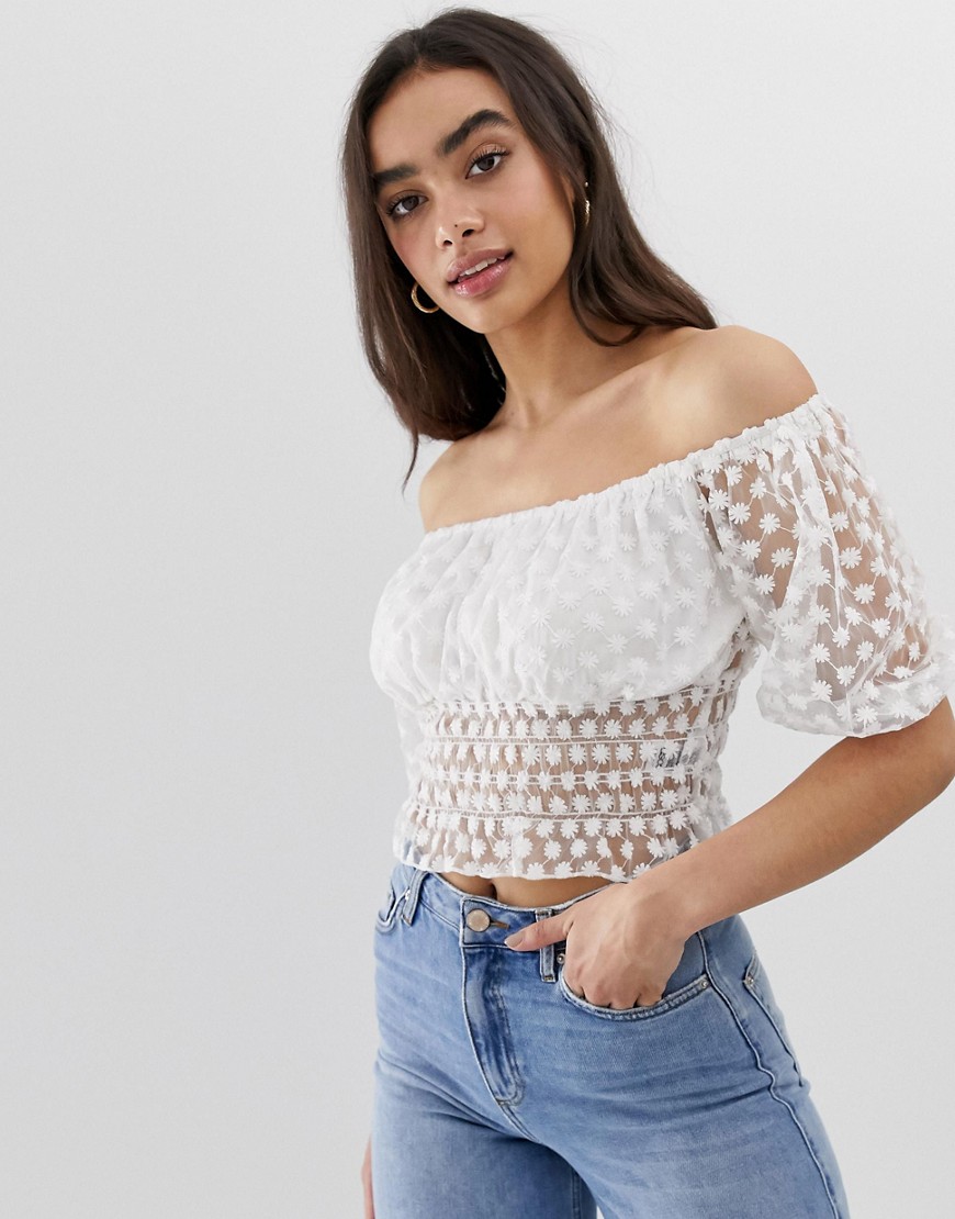 ASOS DESIGN embroidered floral mesh bardot top with shirred waist