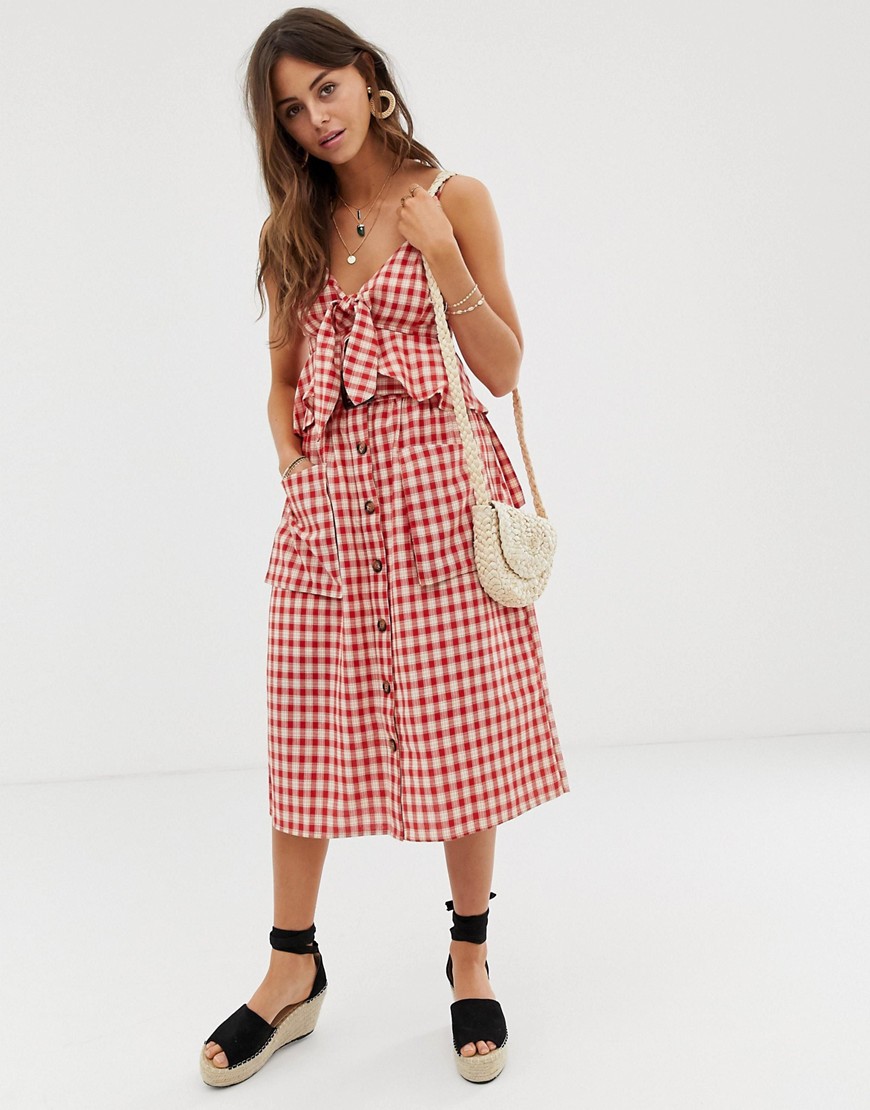 Moon River gingham midi skirt with button down front and oversized pockets