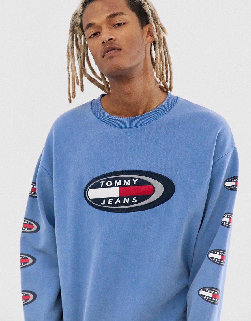Tommy Jeans Summer Heritage Capsule sweatshirt in blue with chest and sleeve logo