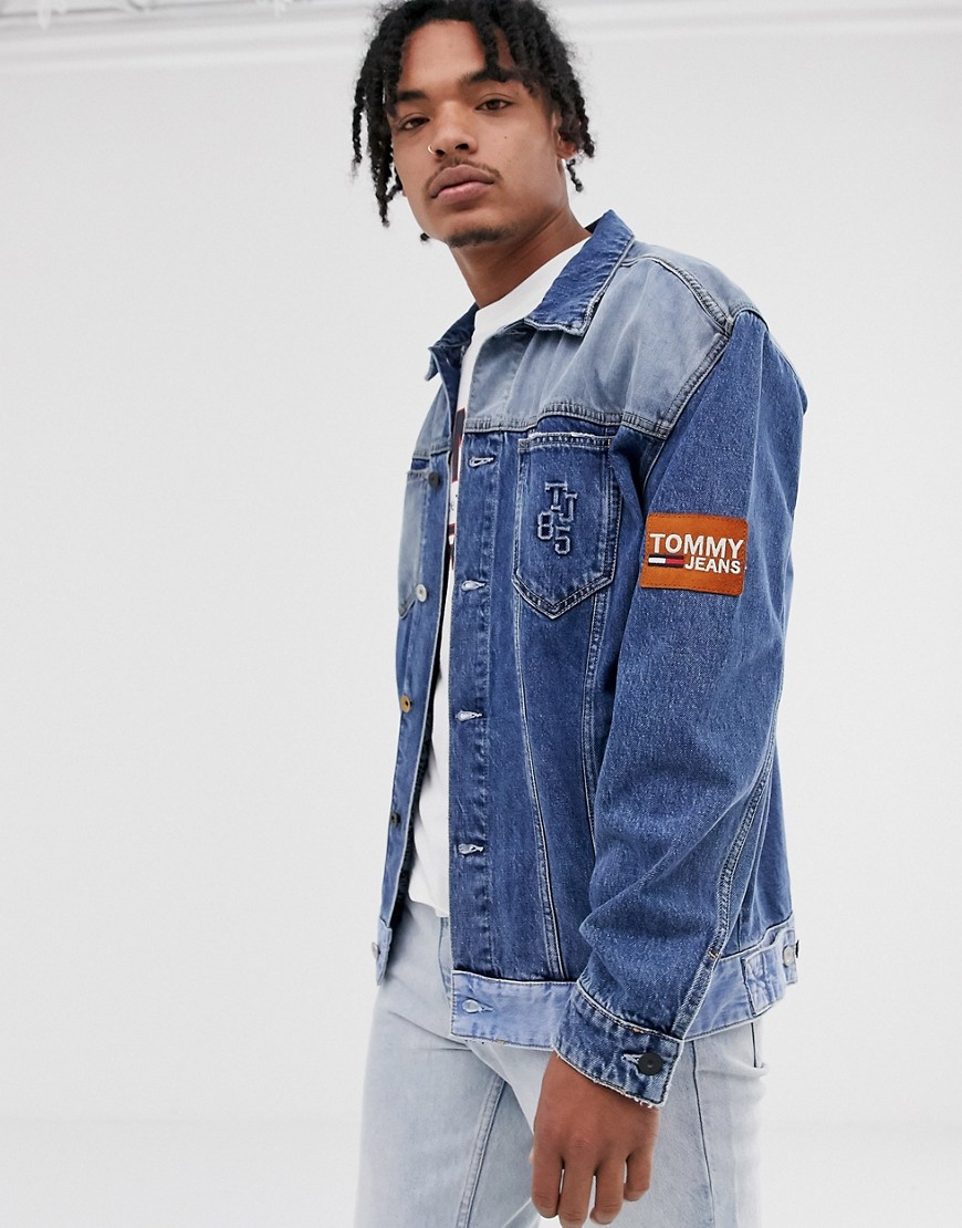 Tommy Jeans oversize trucker jacket with contrast hem and sleeve badge in mid wash