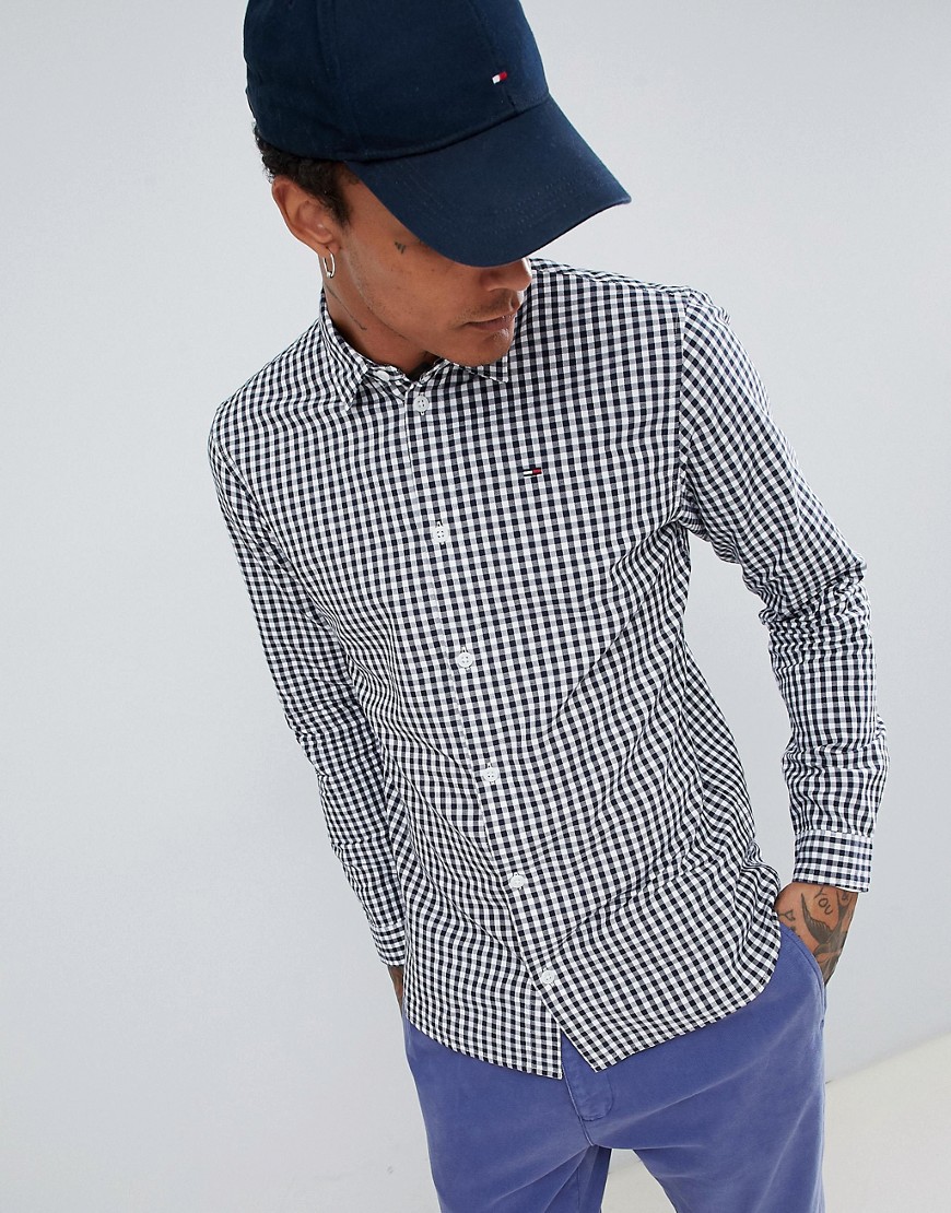 Tommy Jeans essential gingham flag logo shirt in navy - Navy