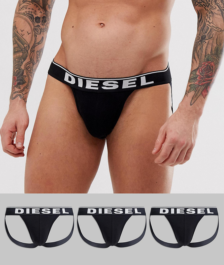 Diesel logo 3 pack jockstrap in black