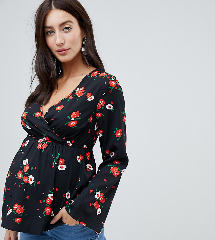 Influence Maternity wrap front floral blouse with flared sleeves - Black & red floral
