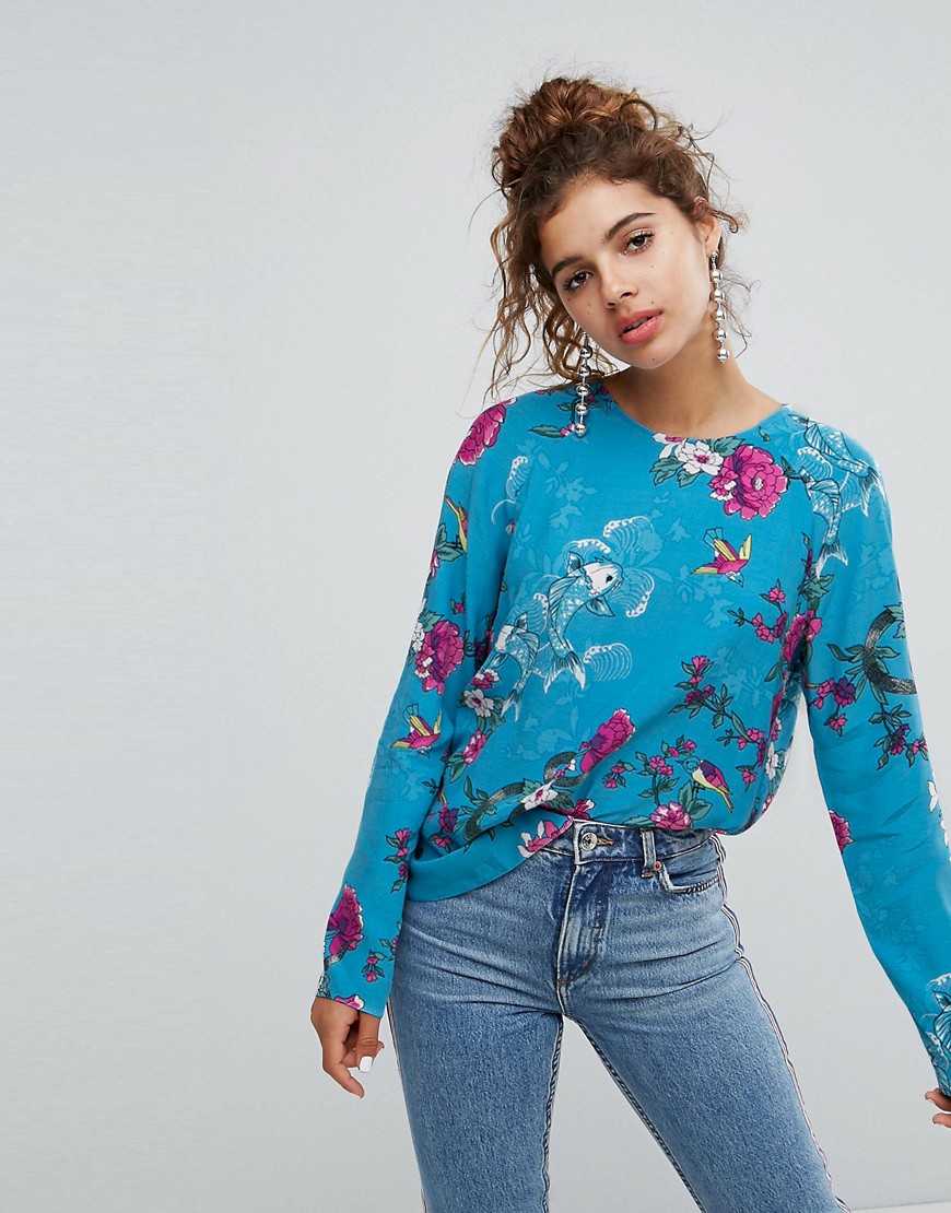 H! By Henry Holland Long Sleeve Top In Floral Fish Print - Blue