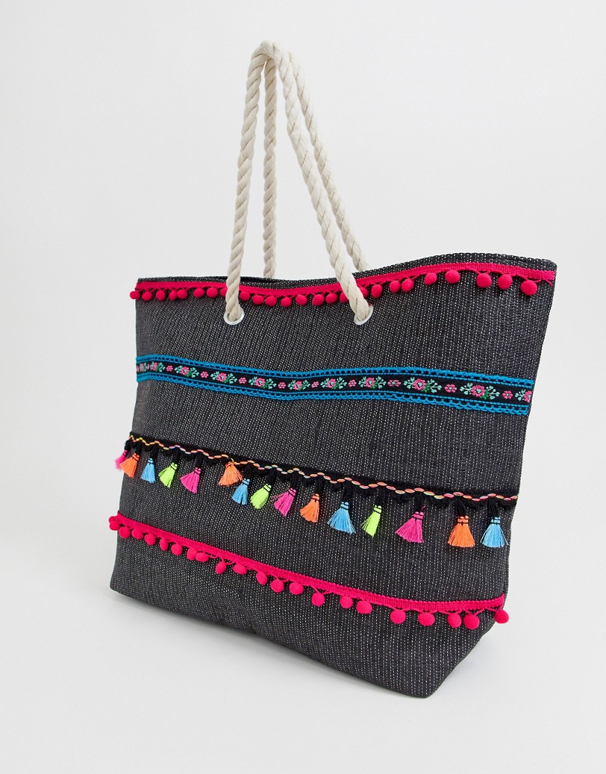 South Beach tote bag with multi coloured tassels