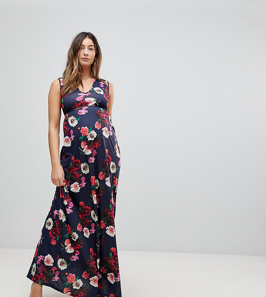 Bluebelle Maternity Maxi Dress With Plunge Neck And Cut Out Detail - Blue multi