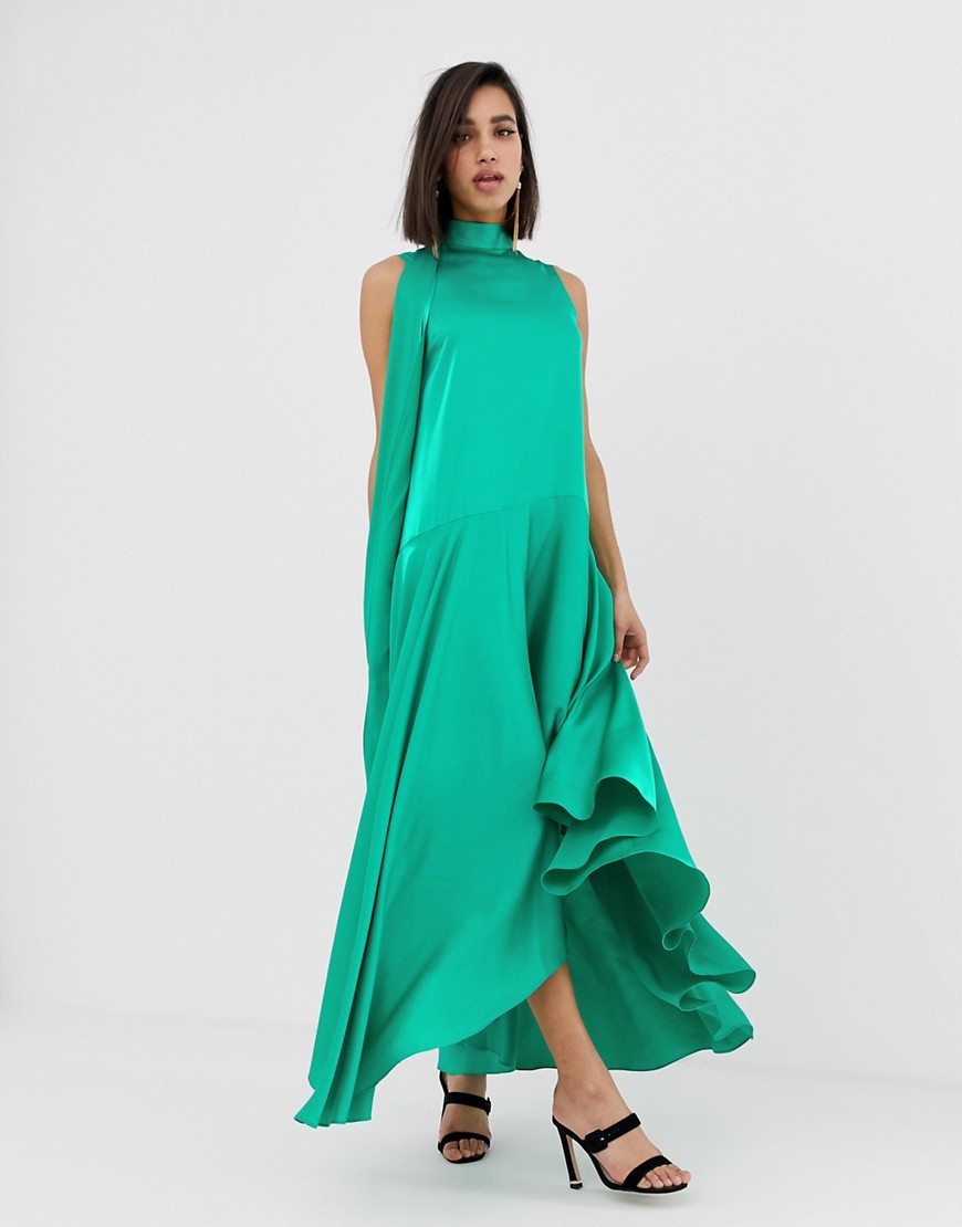 Asos Design Sleeveless Scarf Neck Satin Midi Dress With Extreme Sleeve-green