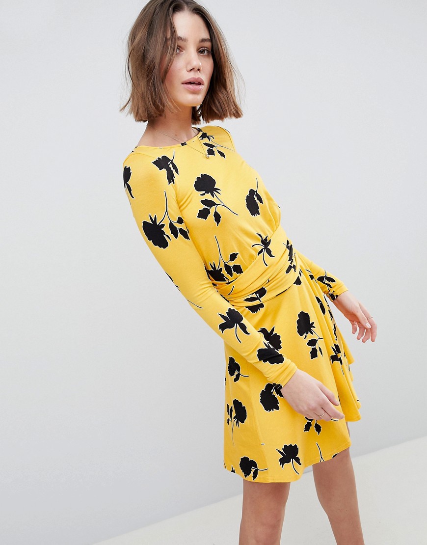 ASOS DESIGN Skater Dress With Wrap Belt In Shadow Print - Yellow shadow