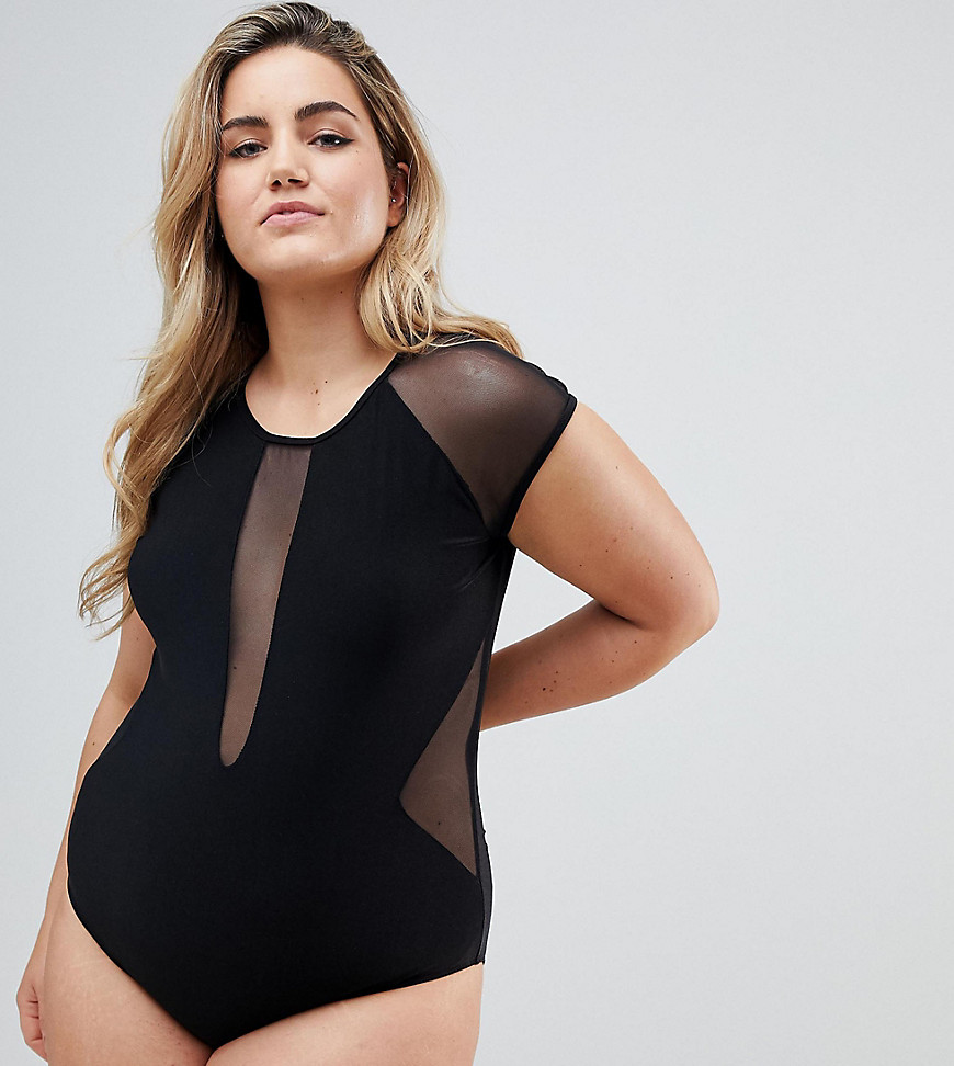 Unique 21 Plus Size Cap Sleeve Swimsuit With Open Back - Black