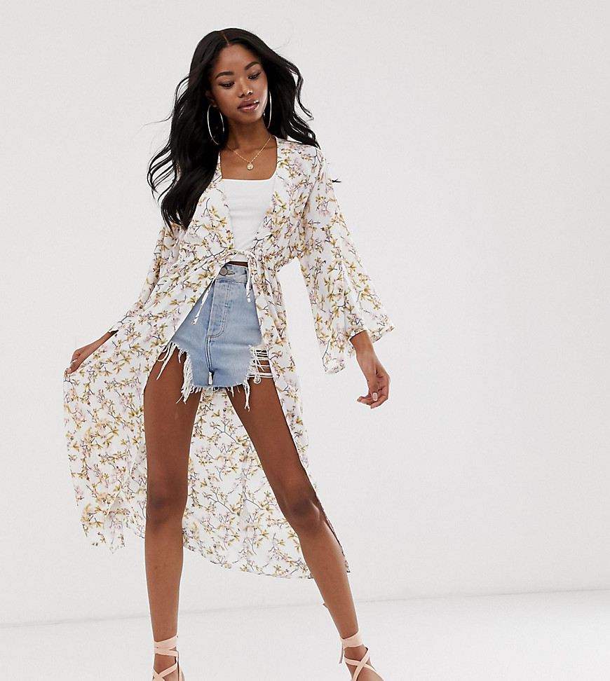 Boohoo exclusive kimono with tie waist in white floral