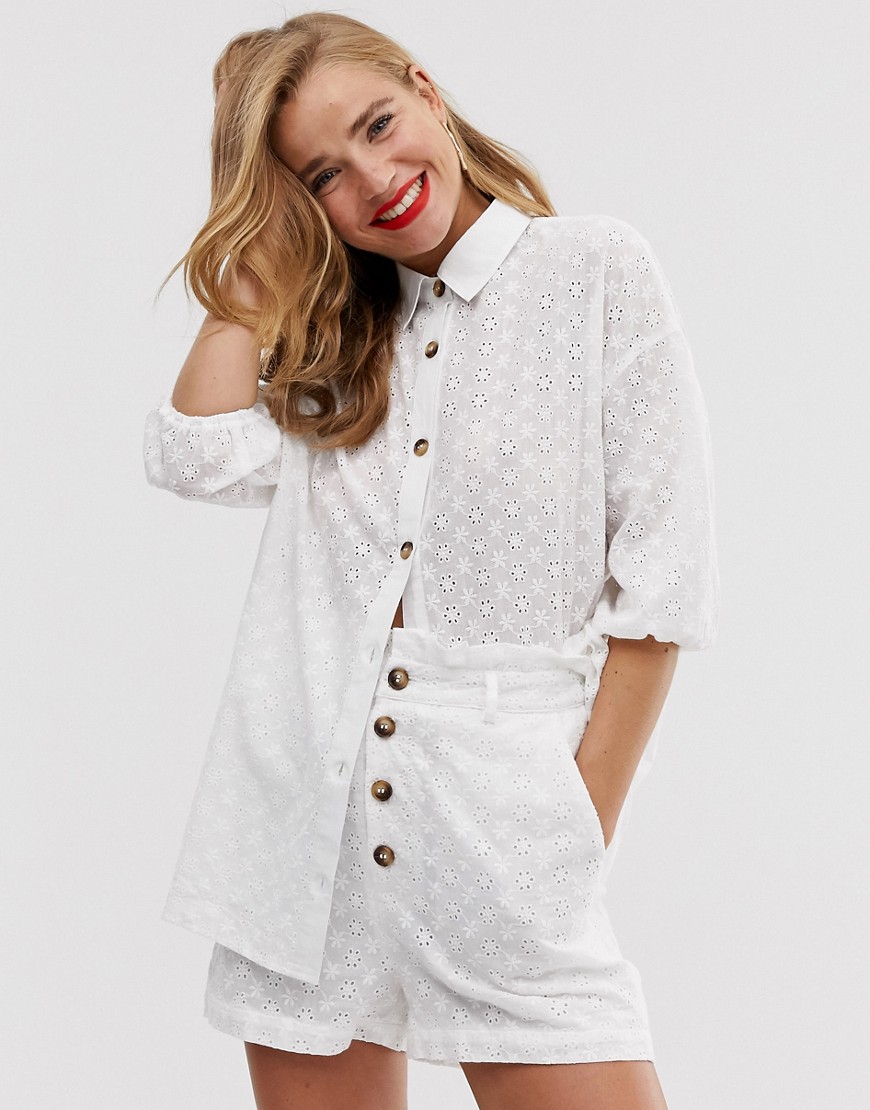 In The Style x Dani Dyer broderie lace button through shirt in white