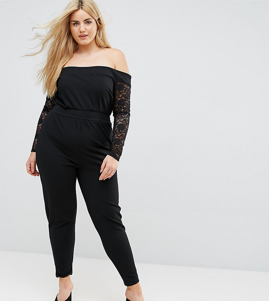 Pink Clove Bardot Jumpsuit with Lace Sleeves - Black