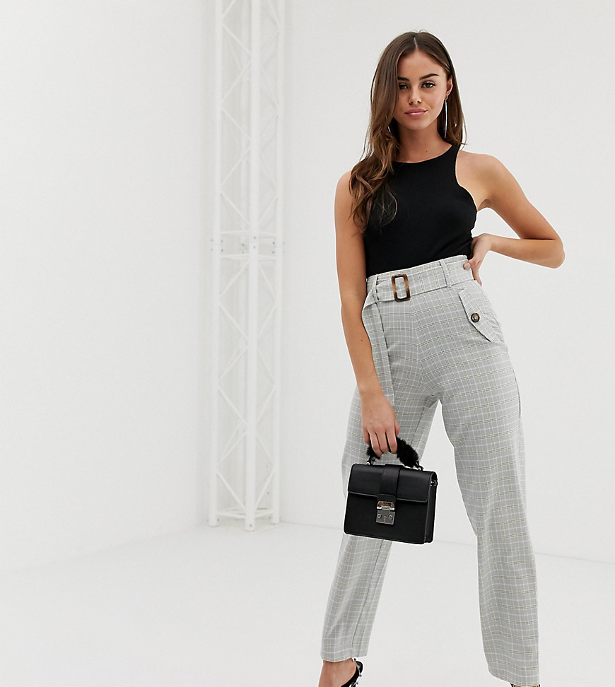 PrettyLittleThing straight leg trousers with buckle belt in grey check