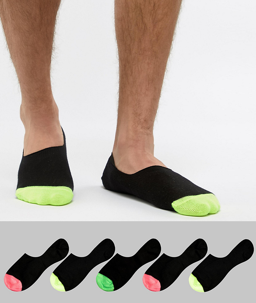 ASOS DESIGN Invisible Liner Socks In Black With Neon Toes 5 Pack - Black