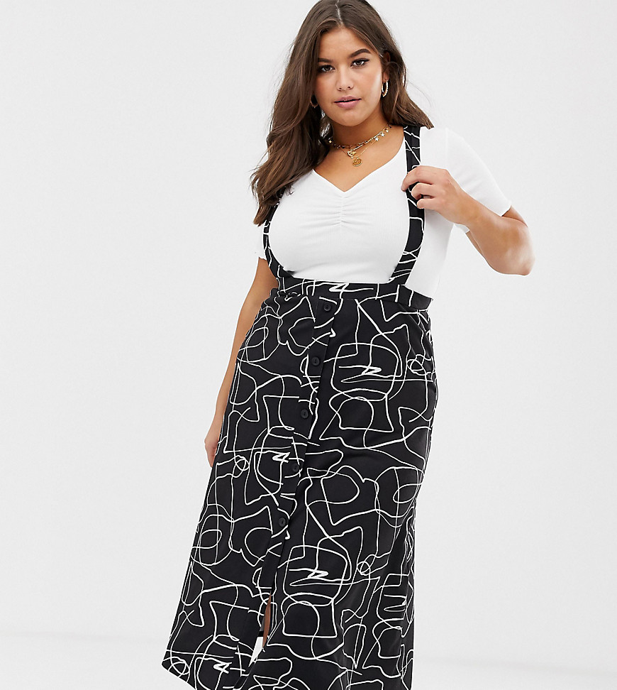 ASOS DESIGN Curve button front midi pinafore skirt abstract print