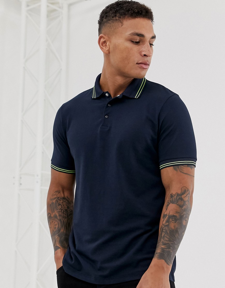 Burton Menswear polo in navy with neon taping