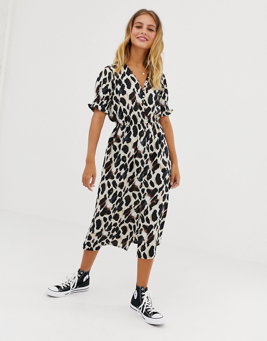 Influence shirred sleeve midi dress with button front in leopard print