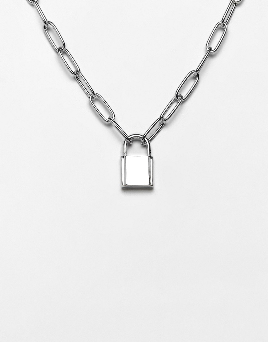 Asos Design Necklace With Hardware Chain And Padlock In Silver