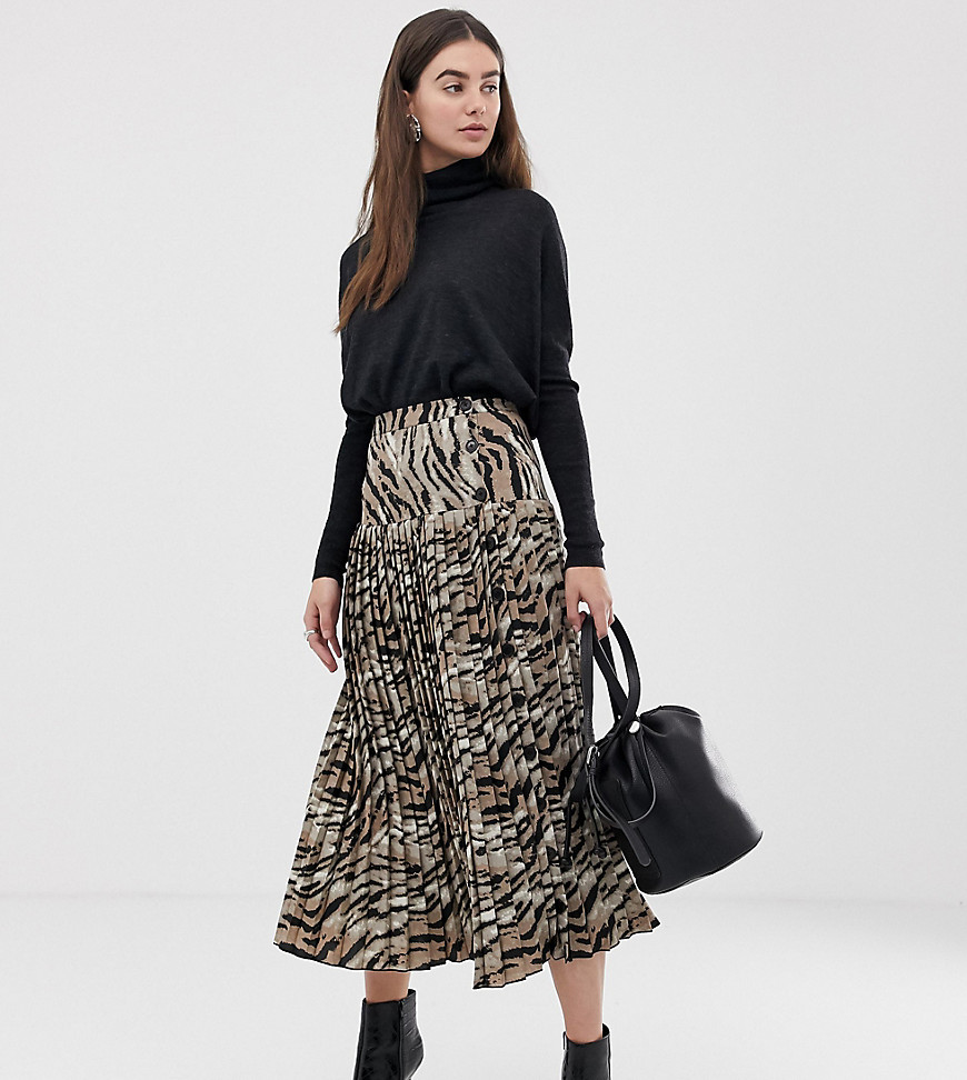 ASOS DESIGN Tall pleated midi skirt with buttons in tiger print