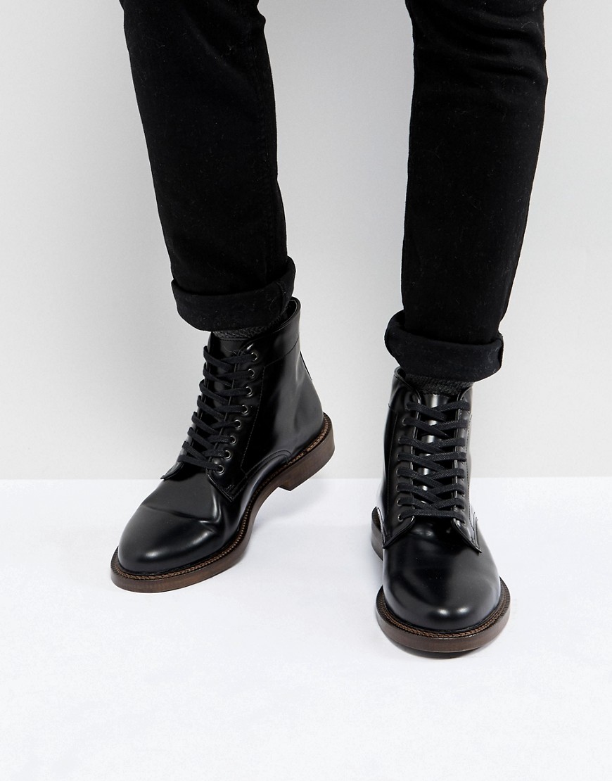 Walk London Darcy Hi Shine Leather Lace Up Boots - Black