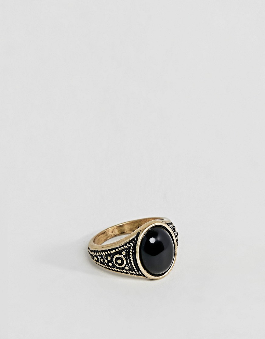 Asos Design Pinky Ring In Gold Tone With Black Enamel - Gold