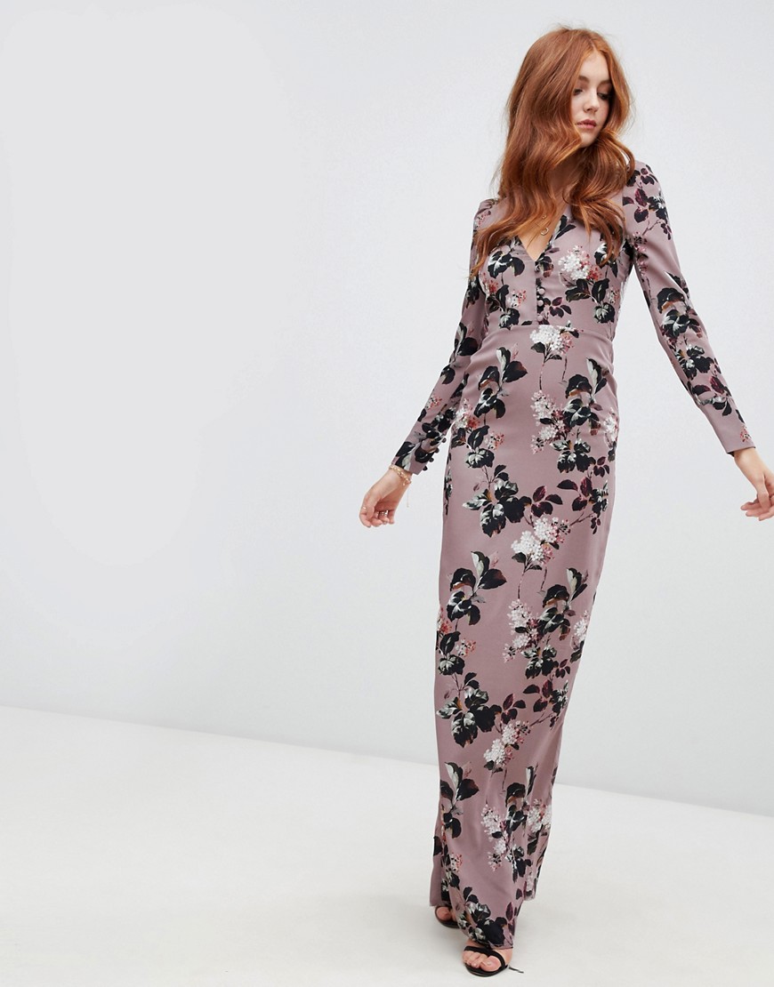 Hope & Ivy long sleeve button front maxi dress in floral print - Mauve floral