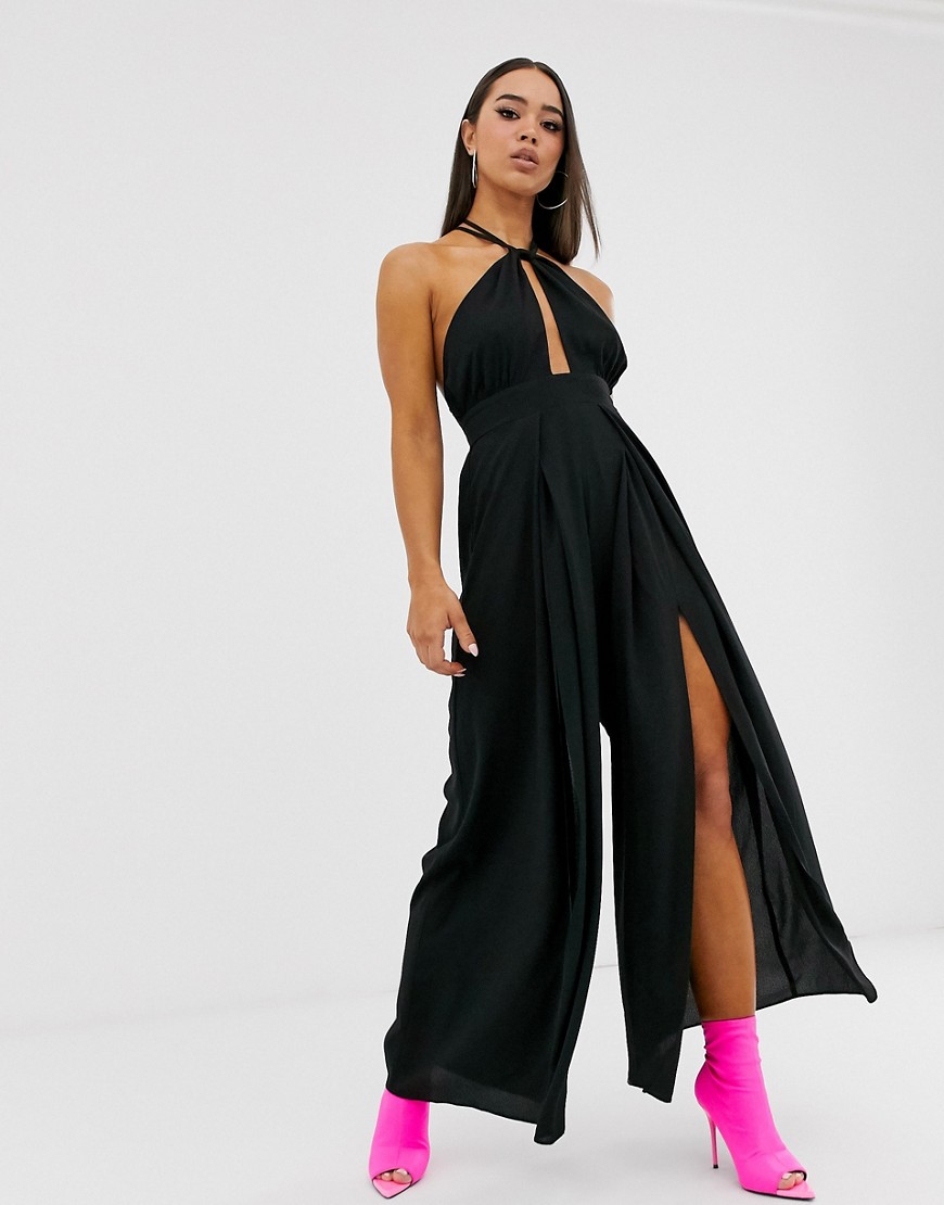 Parallel Lines halter neck jumpsuit with keyhole and cross back detail in black