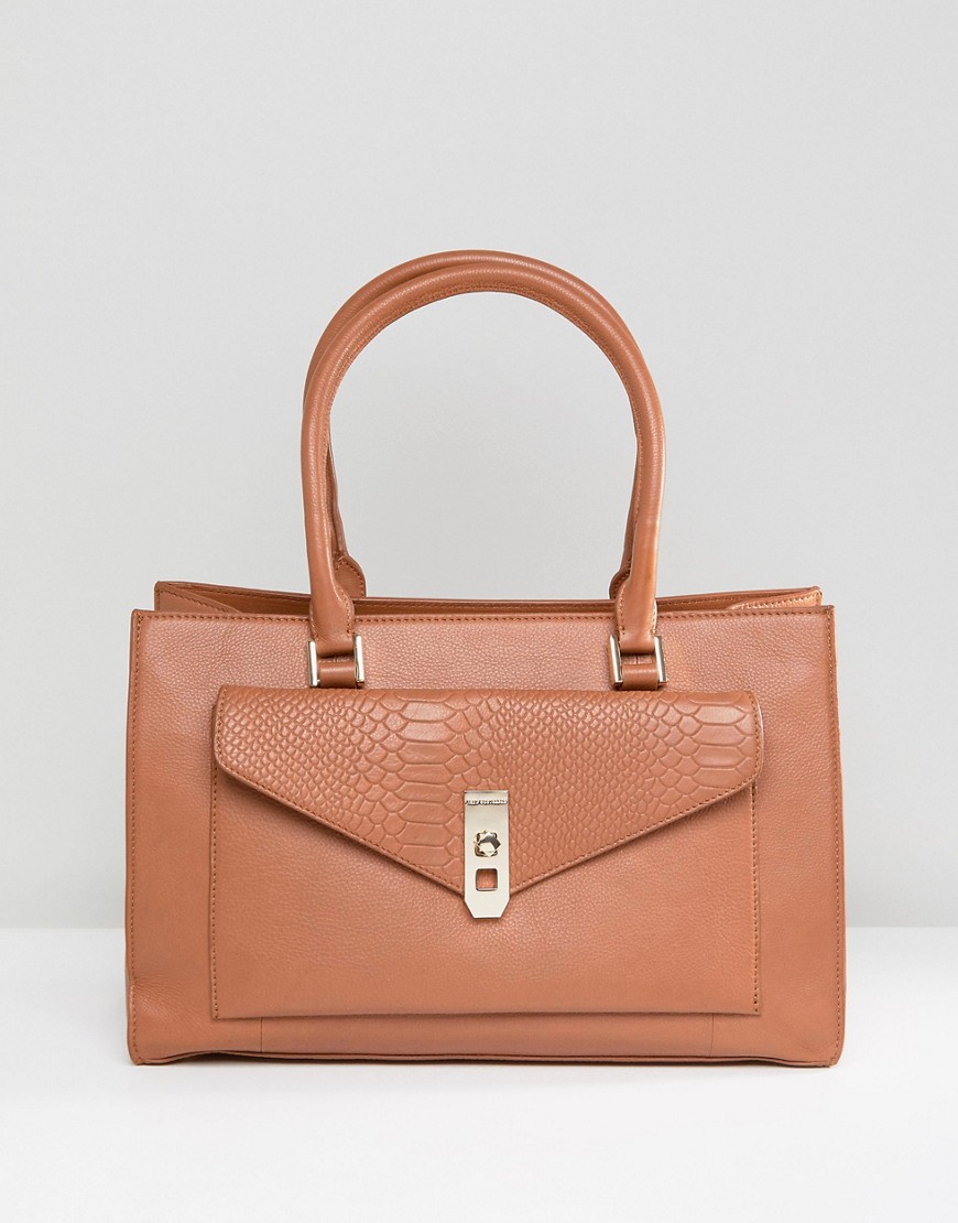Paul Costelloe Real Leather Tan Tote with Snake Embossed Pocket - Tan