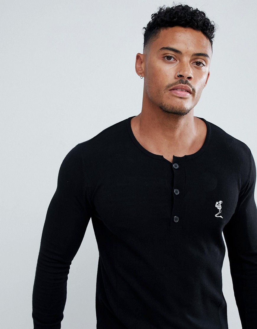 Religion muscle fit knit jumper in black with grandad neck