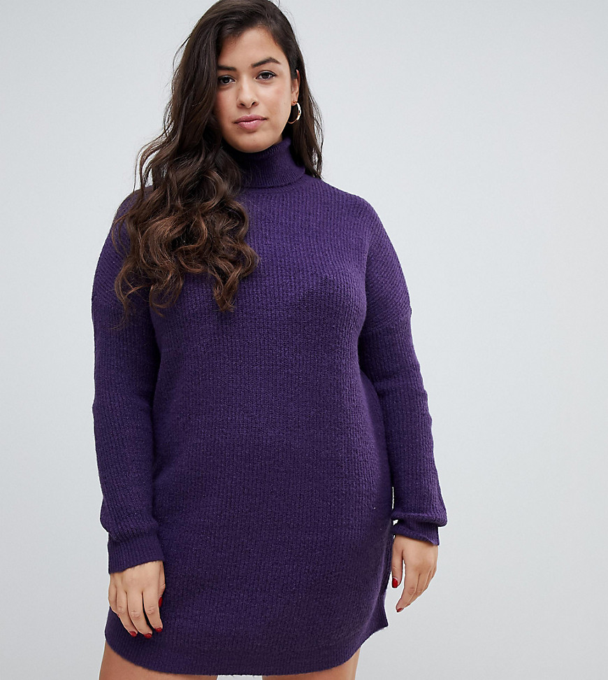Vero Moda Curve knitted roll neck mini jumper dress in purple