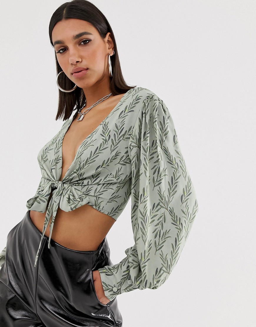 Na-kd wrap front cropped flower print blouse in green