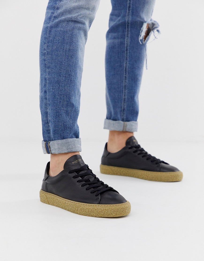 Selected Homme leather trainers with chunky grain sole in black