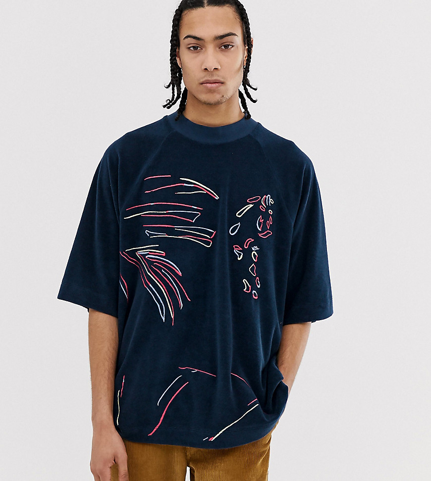 Noak oversized t-shirt in navy towelling with embroidered artwork