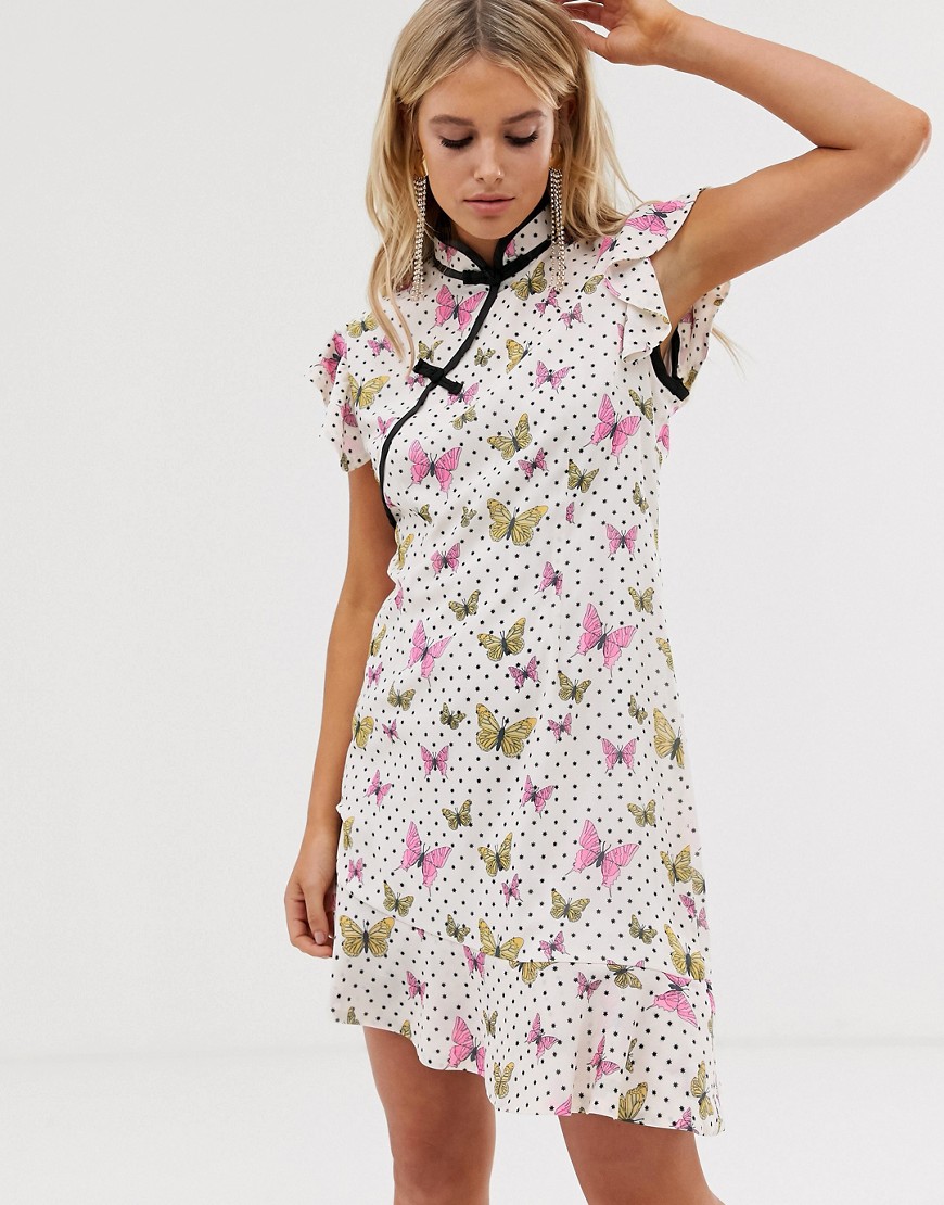 Sister Jane Mini Dress With Peplum Hem And Frogging In Butterfly Spot-white