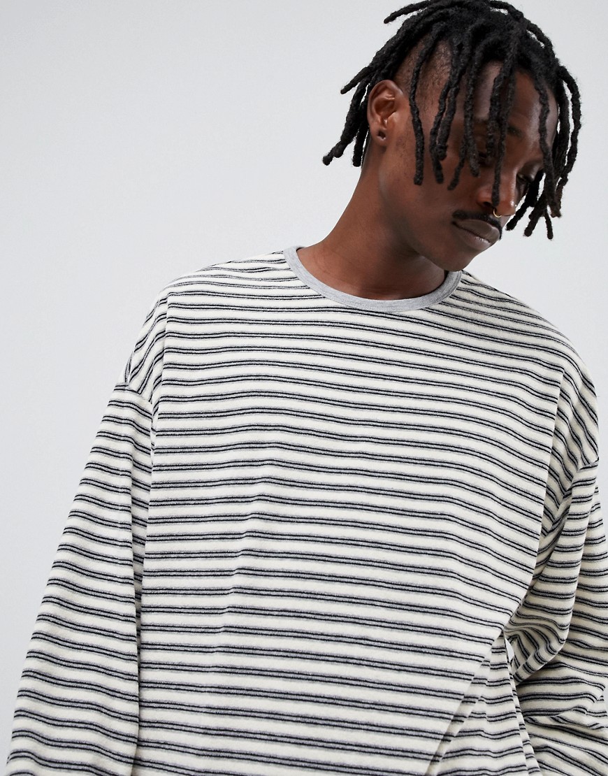 Asos Design Oversized Long Sleeve Stripe T-shirt In Towelling - Beige