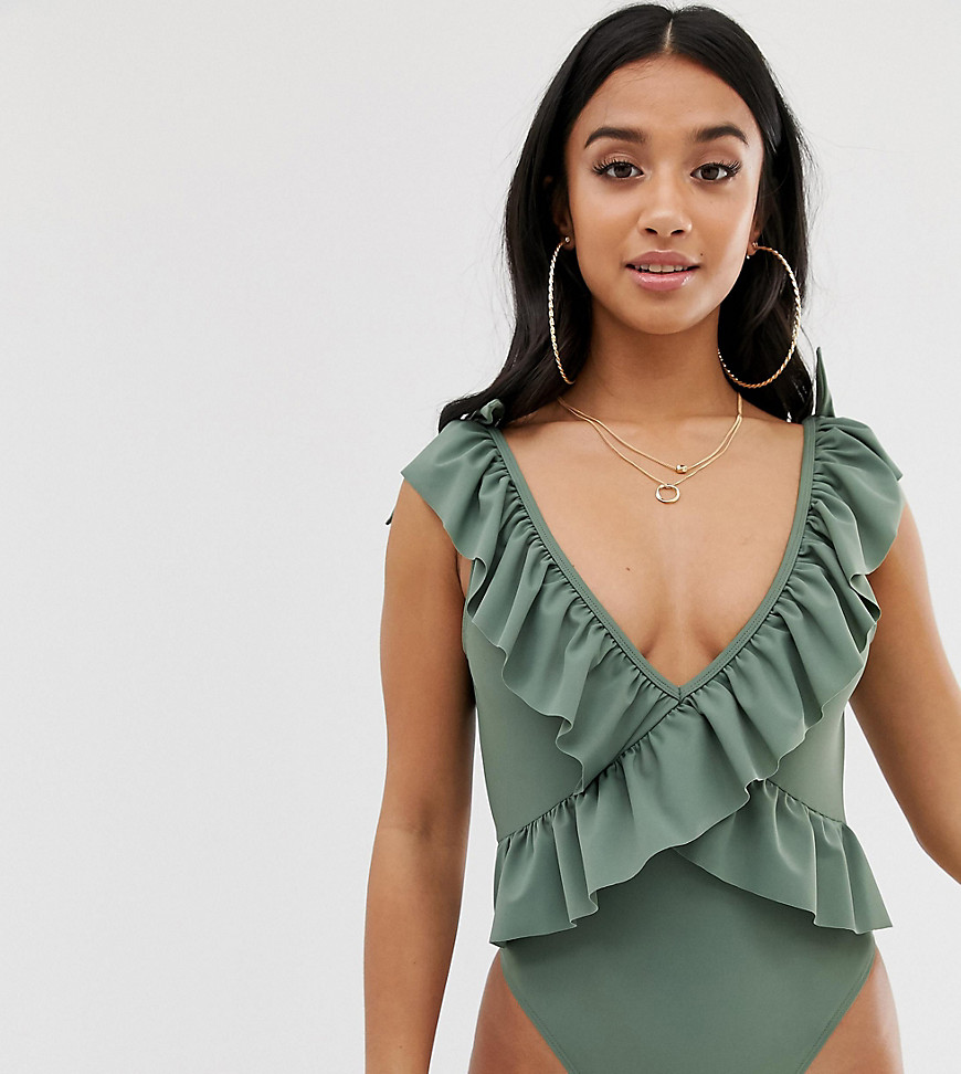 ASOS DESIGN petite frill wrap plunge swimsuit with bunny tie detail in khaki - MGREEN
