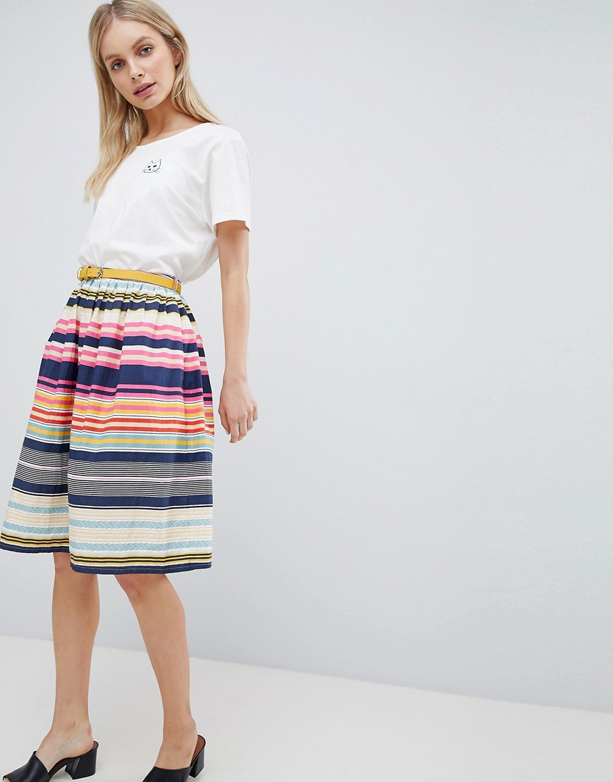 Yumi Nordic Stripe Print Skater Skirt With Belt - Multi
