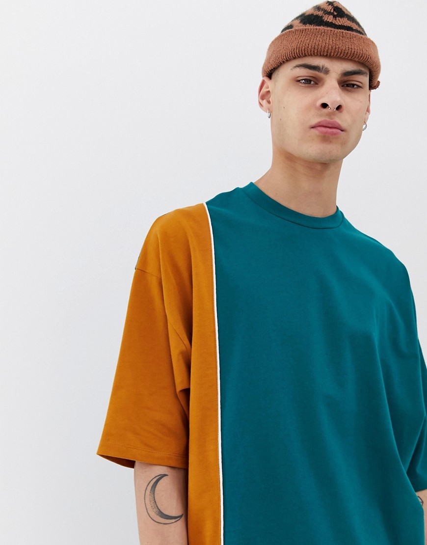 ASOS DESIGN heavyweight oversized longline t-shirt with half sleeve and vertical colour block