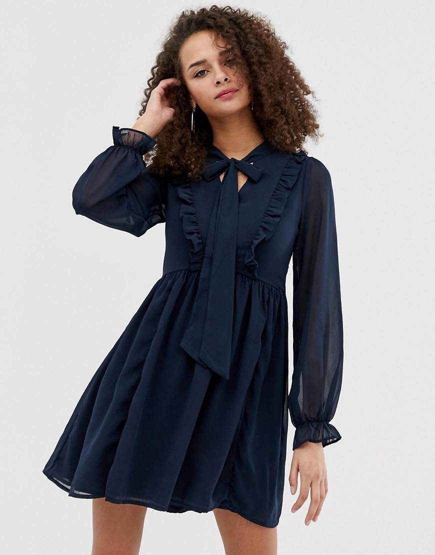 Brave Soul ruffle skater dress with pussybow neck tie in navy