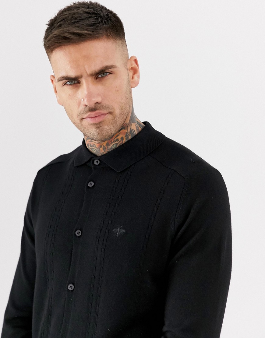 River Island cable knit polo shirt in black