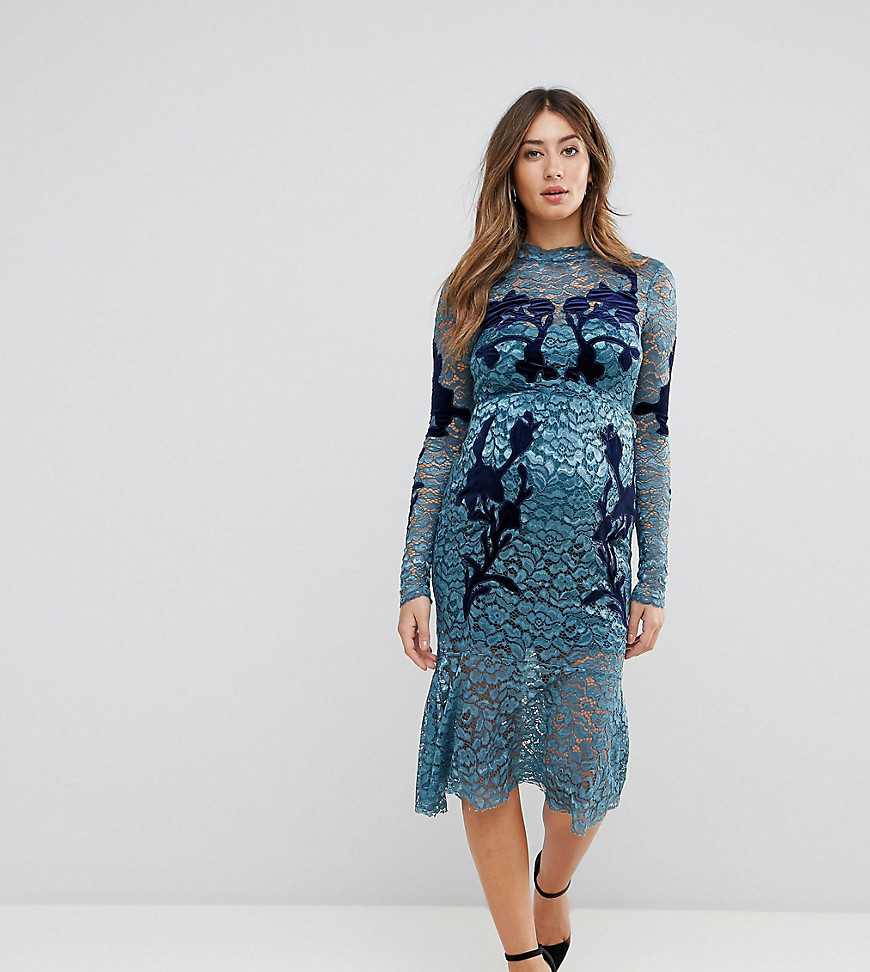 Hope & Ivy Maternity Long Sleeve Lace Dress With Velvet Applique Detail