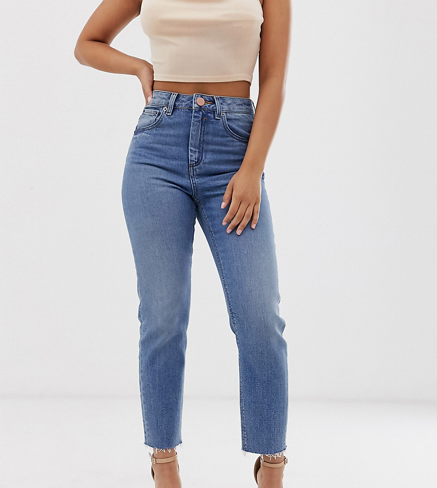ASOS DESIGN Petite Farleigh high waisted slim mom jeans in pretty bright mid wash