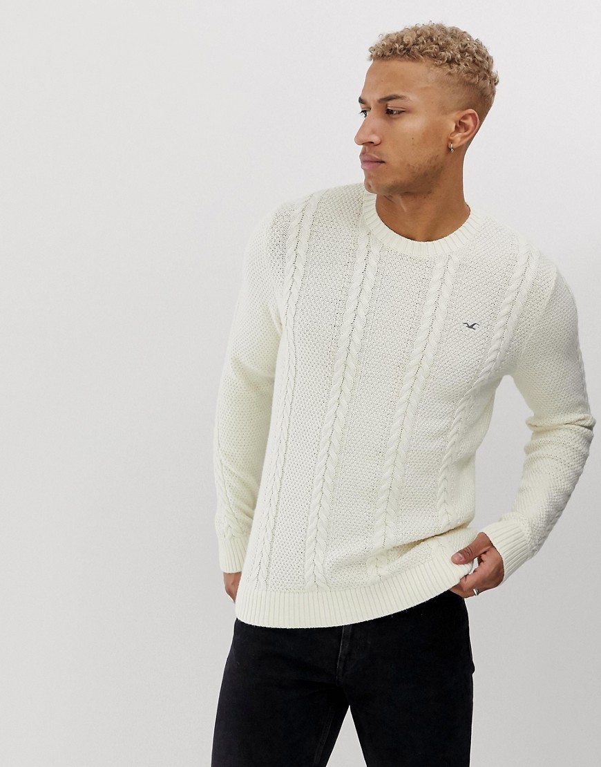 Hollister icon logo cable knit jumper in cream