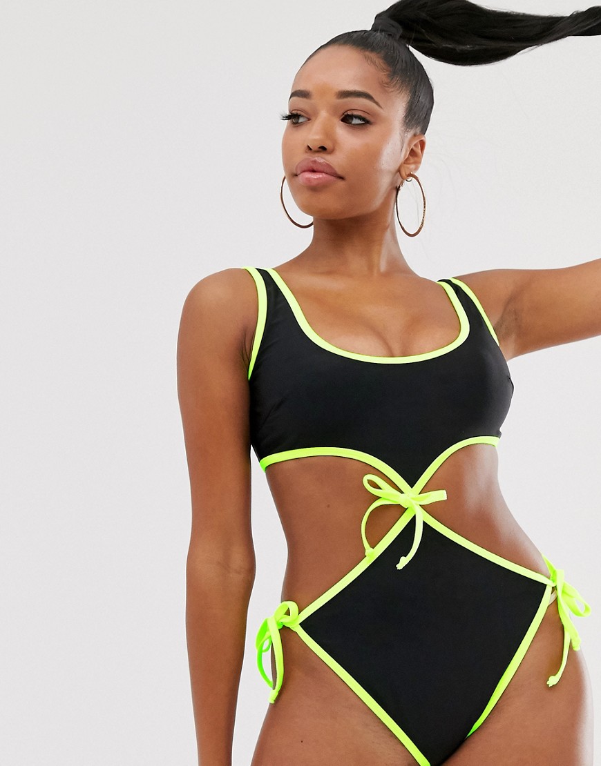 Asos Design Fuller Bust Sexy Glam Swimsuit In Black And Neon Yellow Dd-g-multi