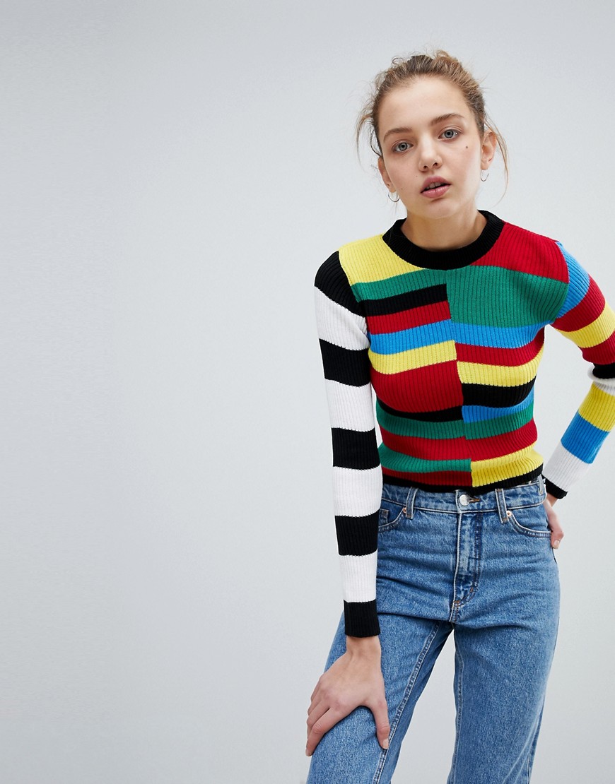 Daisy Street Skinny Knit Jumper In Colour Block Rainbow Stripe - Multi stripe