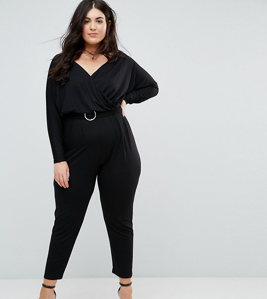 ASOS CURVE Jersey Jumpsuit with Batwing Sleeve and Belt - Black
