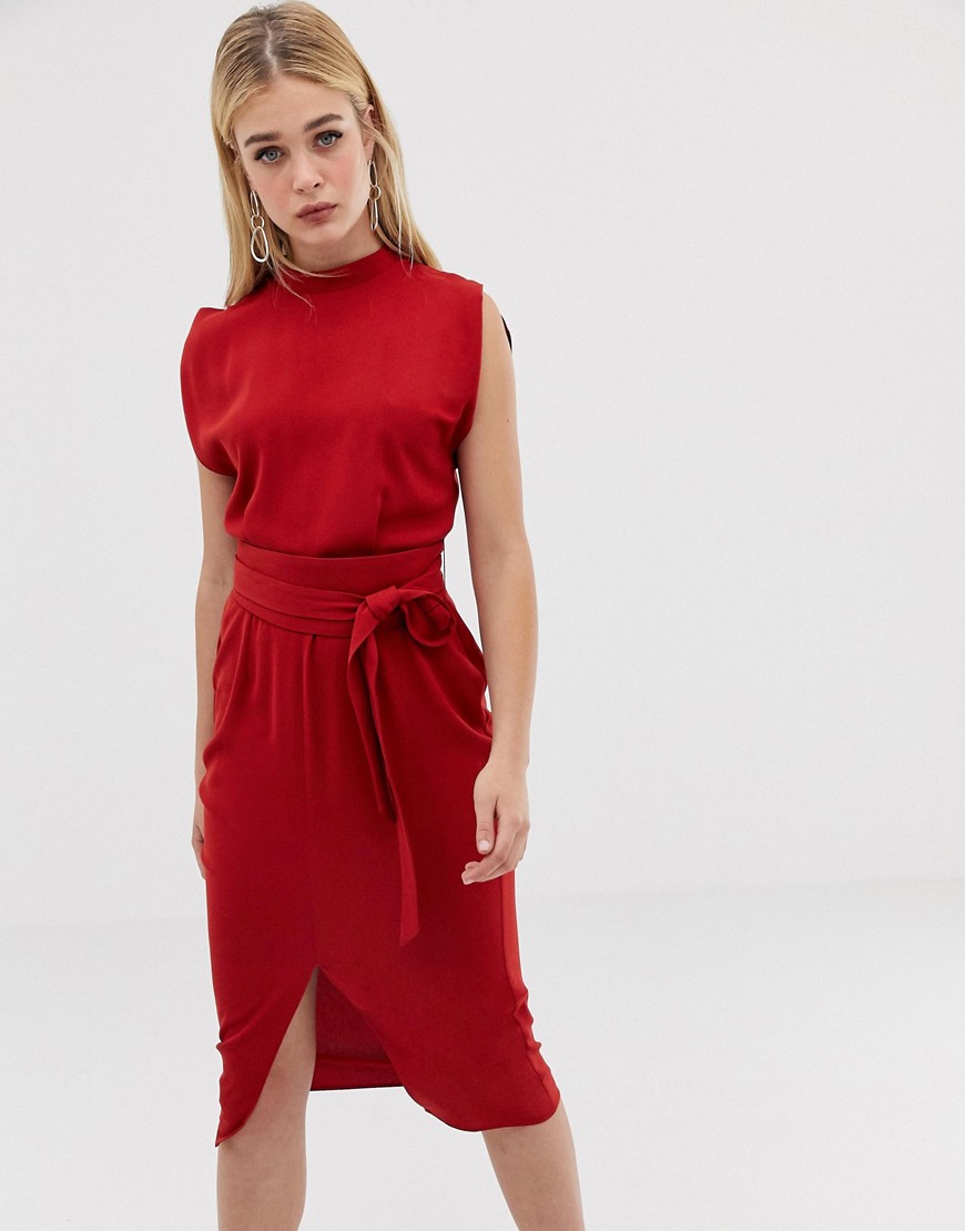 Asos Design Split Sleeve Midi Dress With Obi Belt-red